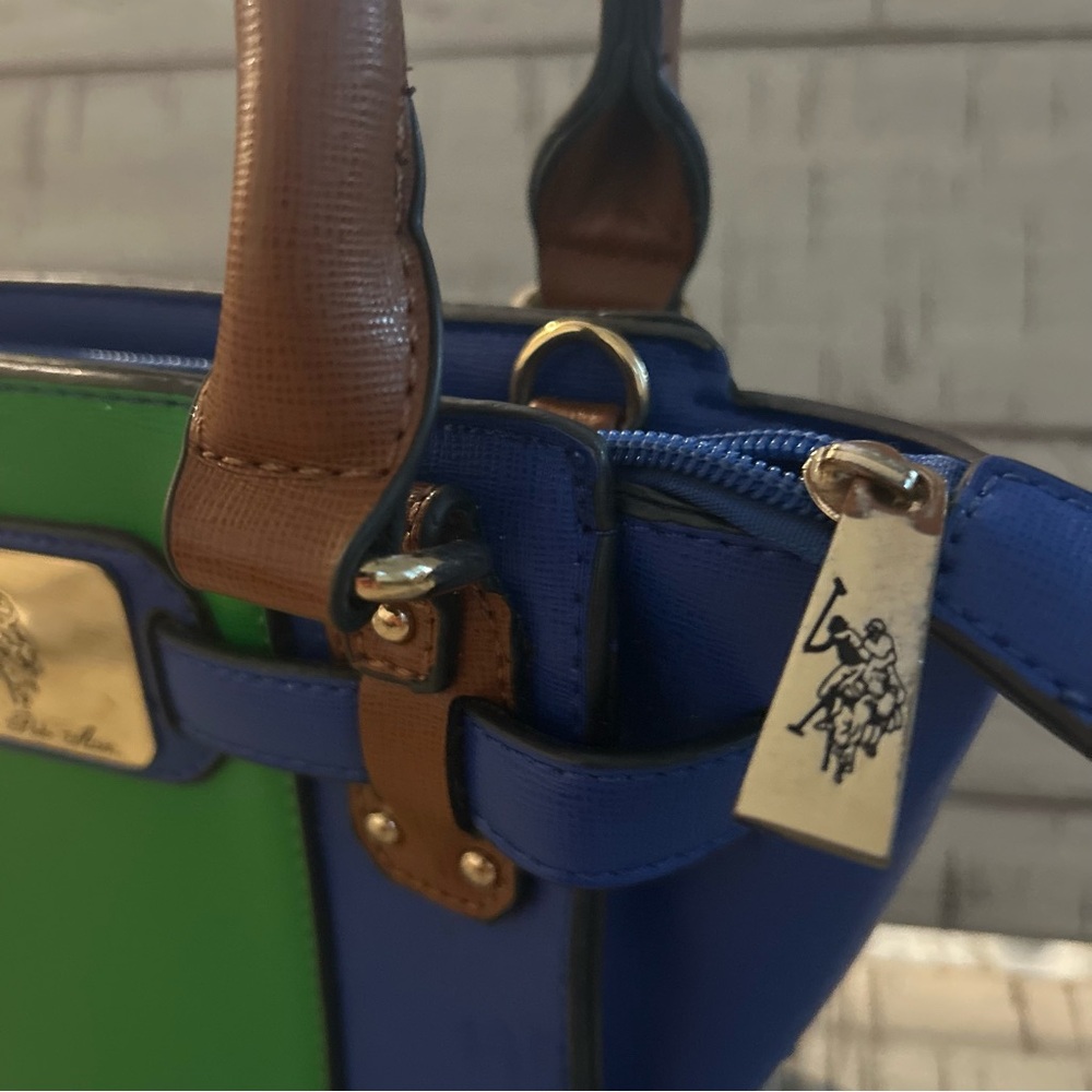 U.S. Polo Assn Satchel Handbag Blue w/Green Stripe Brown Handles Gold Hardware - Picture 10 of 14